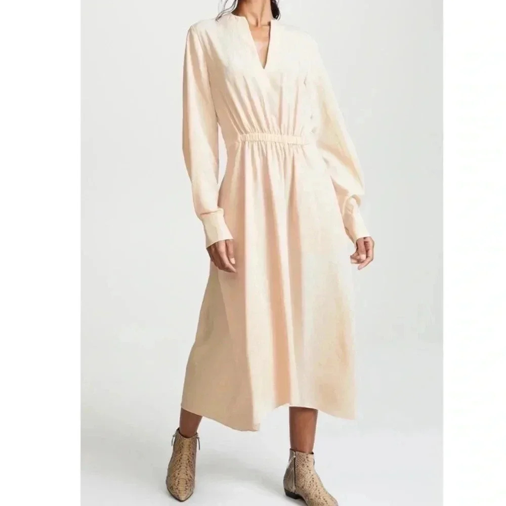 Vince Poet Long Sleeve Dress in Sandalwood Beige Textured Sheer Asymmetrical Hem